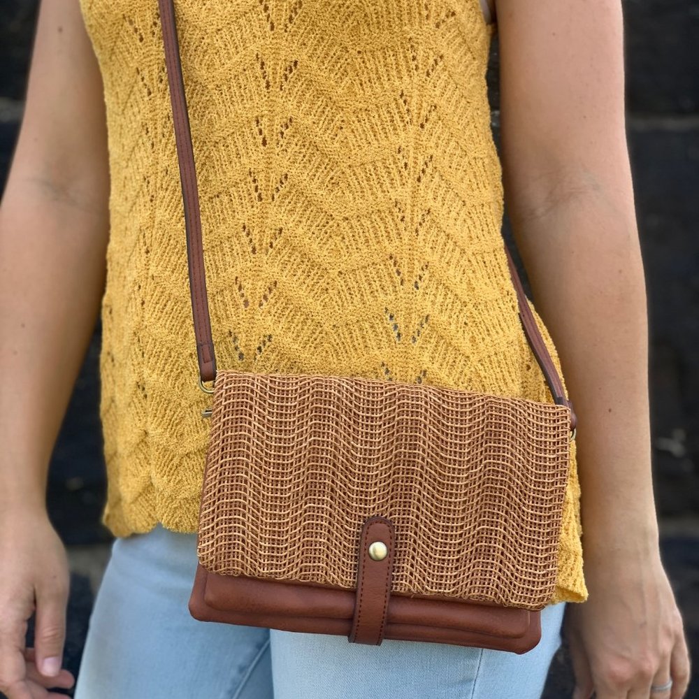 Woven Cross Body Clutch - Brown